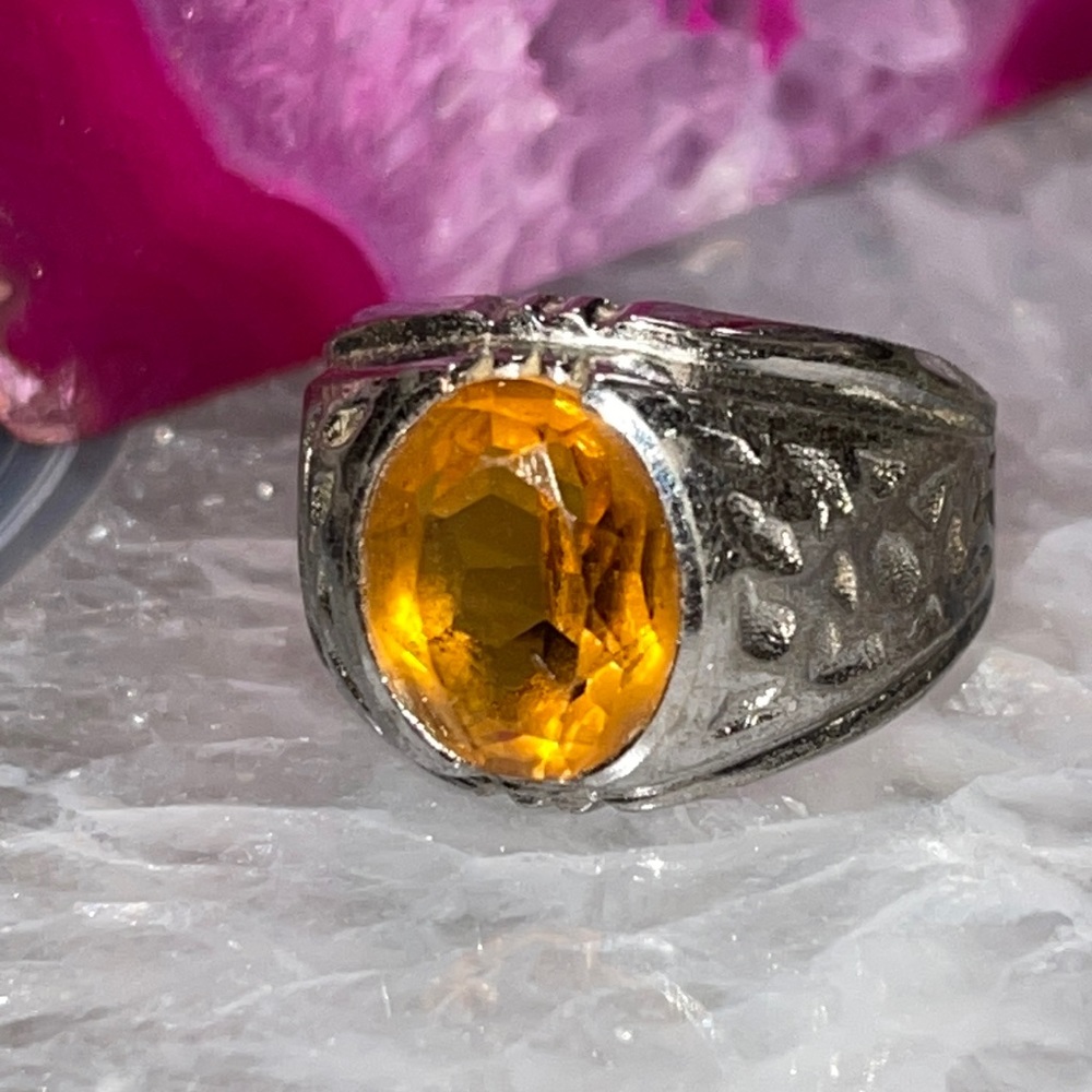 Vintage Unisex Sterling Silver & Faceted Amber Stone Glass Ring Size 8